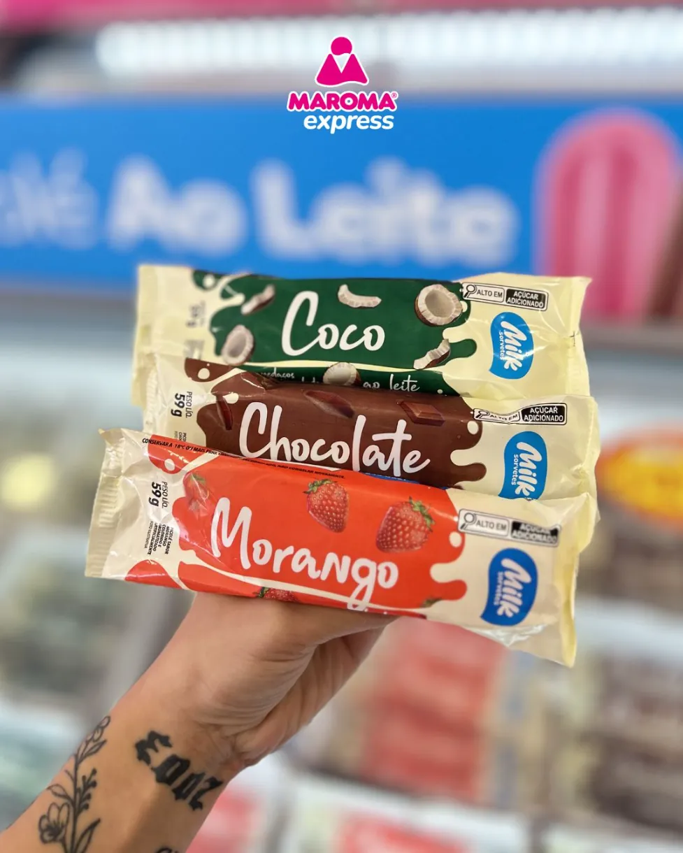 Picolés ao leite Maroma nos sabores coco, chocolate e morango